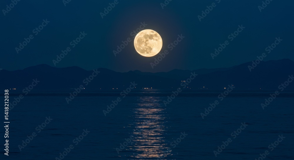 Serene Full Moon Over Coastal Mountains - Tranquil ocean scene, full moon rising, mountains silhouetted, peaceful night, nature's beauty. Symbolizing serenity, mystery, wonder, peace, and hope