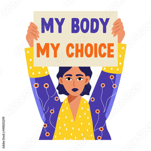 Flat style illustration of protesting woman holding a sign