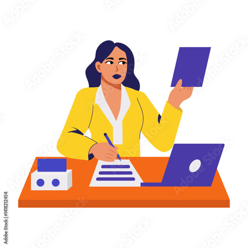 Flat style illustration of a business lady working on a laptop