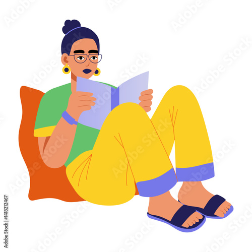 A female character reading book, flat style illustration