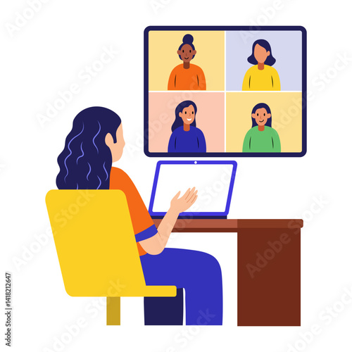 Flat style illustration of a woman doing a conference call
