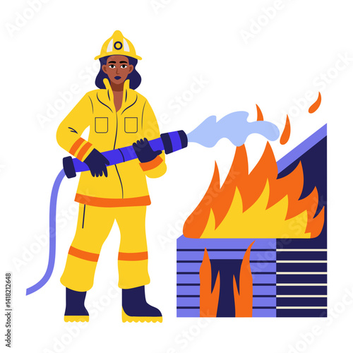 A flat style illustration of a female firefighter