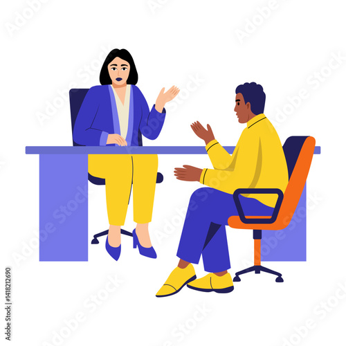 A flat style illustration of a woman negotiating with a character