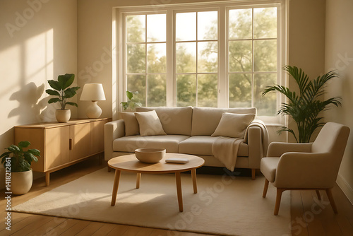 Minimalist Living Room with Beige Sofa and Sunlight