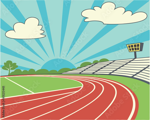 Outdoor Track and Field Stadium Illustration: Sports Venue, Athletics, Competition.