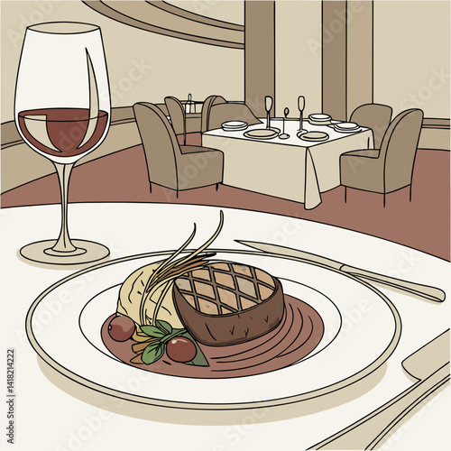 A glass of wine with a gourmet meal in an upscale restaurant. 
