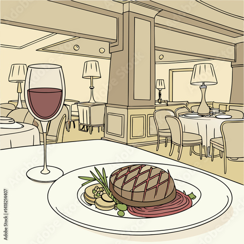 A glass of wine with a gourmet meal in an upscale restaurant. 