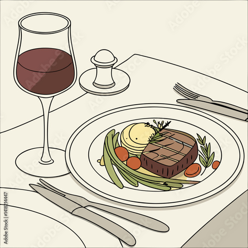 A glass of wine with a gourmet meal in an upscale restaurant. 