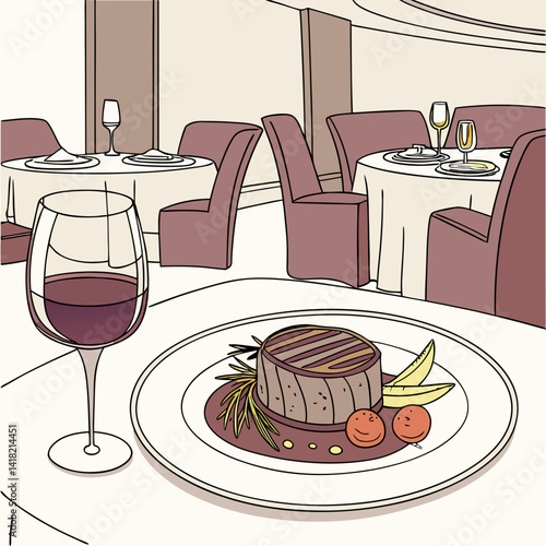 A glass of wine with a gourmet meal in an upscale restaurant. 