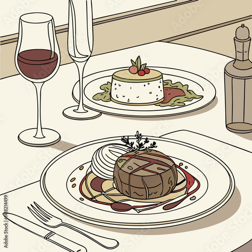 A glass of wine with a gourmet meal in an upscale restaurant. 