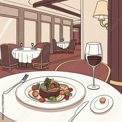 A glass of wine with a gourmet meal in an upscale restaurant. 