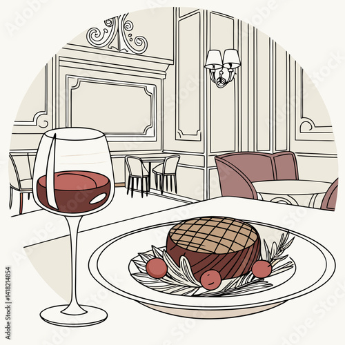 A glass of wine with a gourmet meal in an upscale restaurant. 