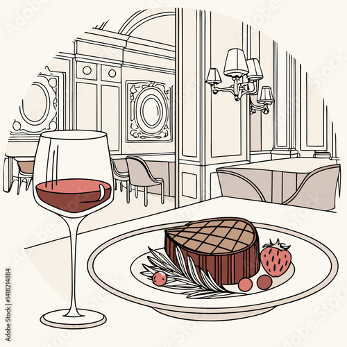 A glass of wine with a gourmet meal in an upscale restaurant. 