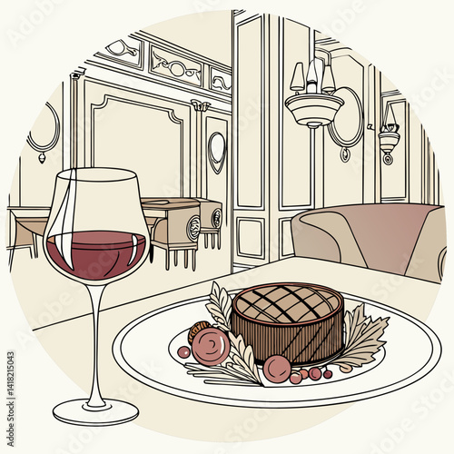 A glass of wine with a gourmet meal in an upscale restaurant. 