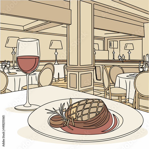 A glass of wine with a gourmet meal in an upscale restaurant. 