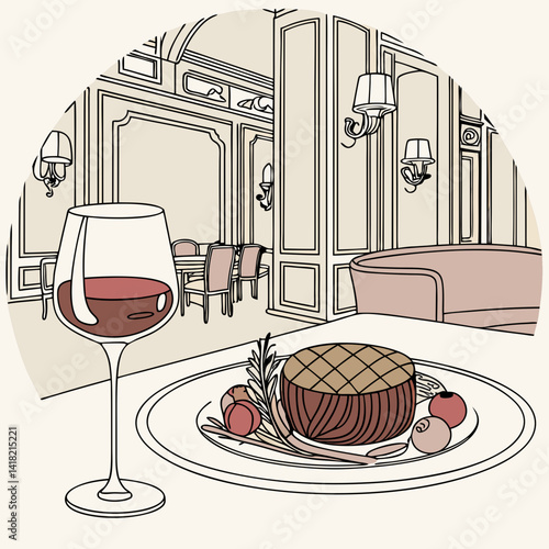 A glass of wine with a gourmet meal in an upscale restaurant. 