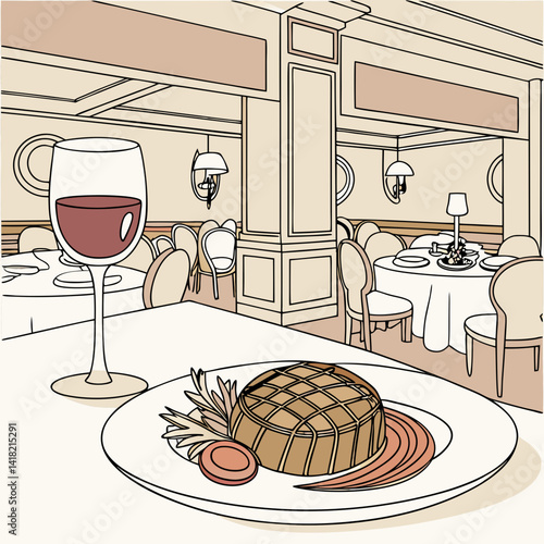A glass of wine with a gourmet meal in an upscale restaurant. 