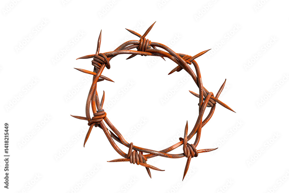 Fototapeta premium A rusty crown of thorns, a poignant symbol of sacrifice and suffering, isolated against a stark white background.