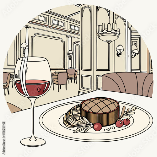 A glass of wine with a gourmet meal in an upscale restaurant. 