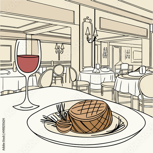 A glass of wine with a gourmet meal in an upscale restaurant. 