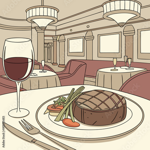 A glass of wine with a gourmet meal in an upscale restaurant. 