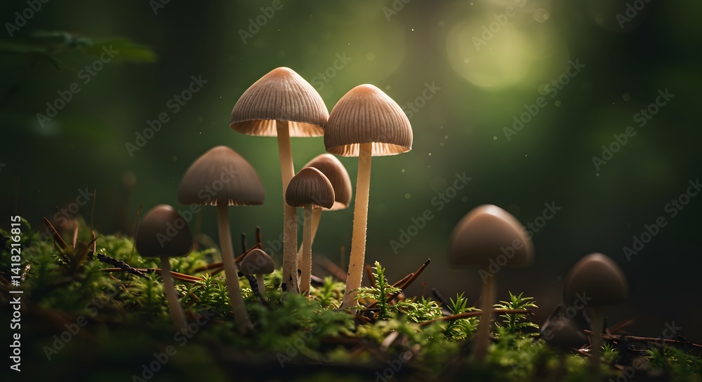 Fototapeta premium Enchanted Forest: Mushrooms in Mossy Sunlight
