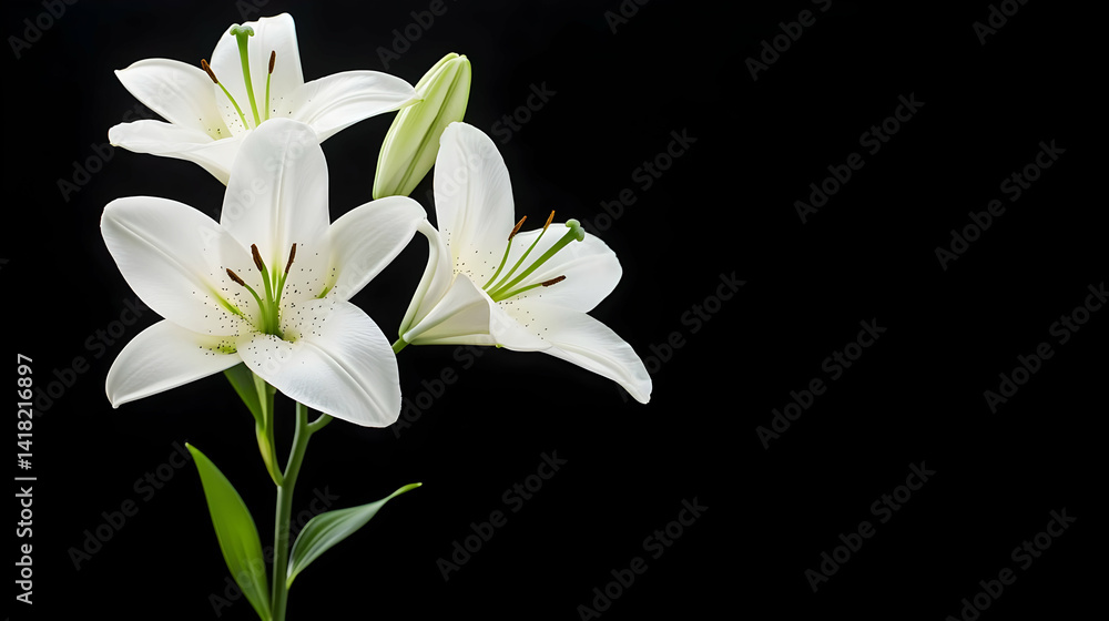 Fototapeta premium Three White Lilies Against Black Background