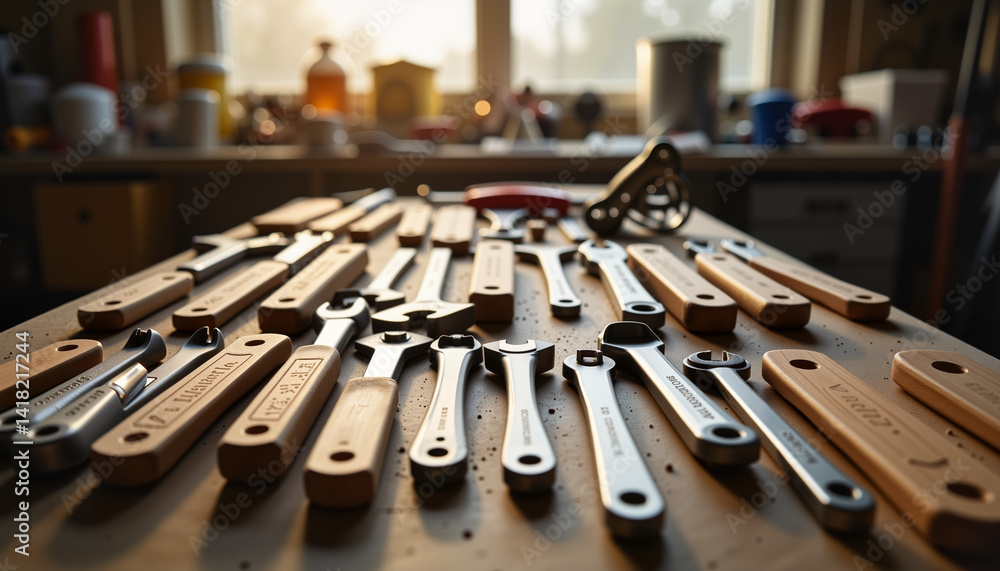 Naklejka premium Organized hand tools on workbench in cluttered garage, craftsmanship focus