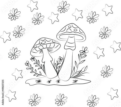 Vector illustration shows various mushrooms, a fungus nature in an autumn forest with green grass and fallen leaf