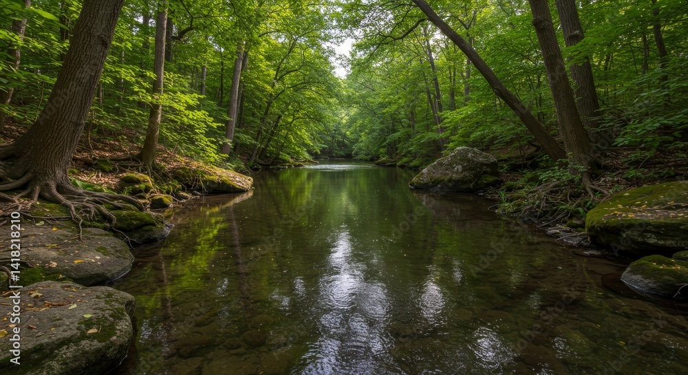 Serene Forest Stream - Calm river flowing through a lush green forest, reflecting the surrounding trees and foliage. Peaceful nature scene Serene Forest Stream - Calm river flowing through a lush green forest, reflecting the surrounding trees and foliage. Peaceful nature scene