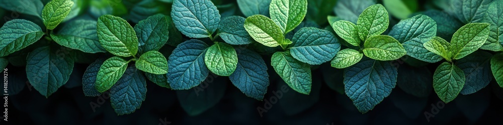 Close up view of green leaves with dark background fills the frame. Close up view of green leaves with dark background fills the frame.