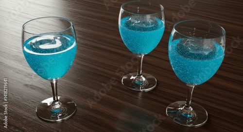 Three Glasses of Sparkling Blue Beverage - Three elegant wine glasses filled with a sparkling, vibrant blue liquid rest on a dark wood surface