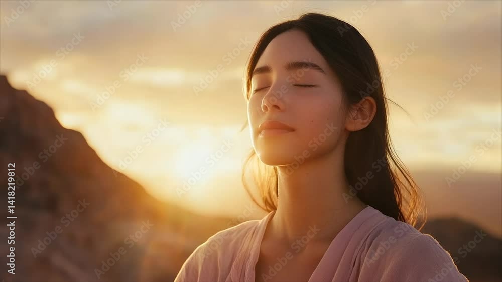 Serene woman meditates at sunset, enjoying peaceful moment Serene woman meditates at sunset, enjoying peaceful moment