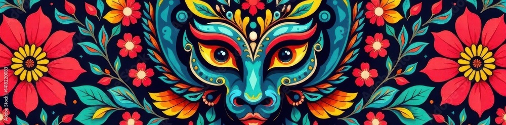 Fototapeta premium Stylized tribal mask, bold floral & angular patterns, ethnic, vintage