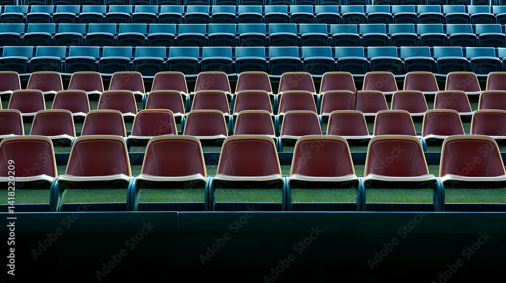 Naklejka premium Empty Maroon Seats In Dark Stadium