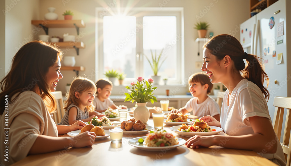 Joyful family sharing a meal around the dining table, togetherness Joyful family sharing a meal around the dining table, togetherness