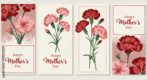 Mother's Day greeting card set with red and pink carnation flowers – vintage floral vector