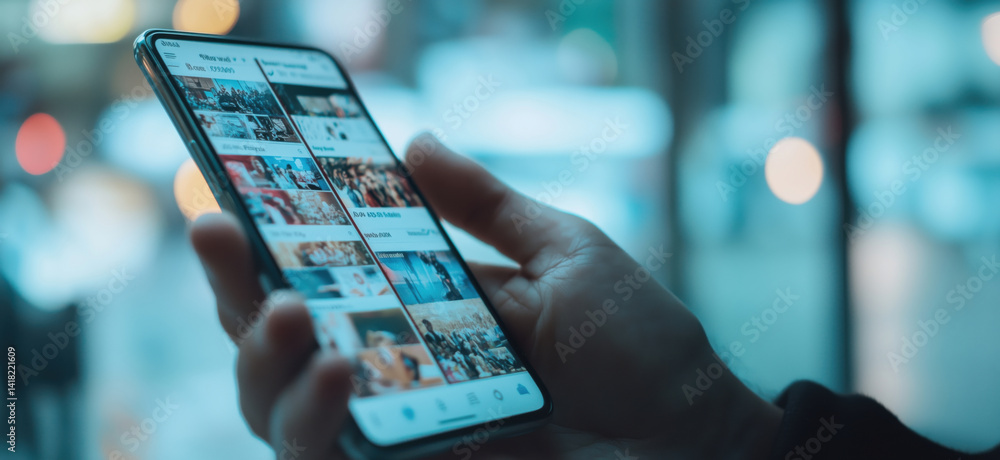 Mobile phone displaying photo gallery with various images, hand holding device in urban setting, blurred background, evening light, copy space for text.