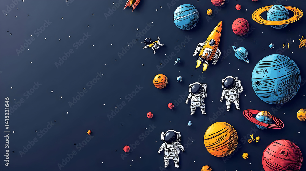 Naklejka premium Colorful Pixel Art Space Scene With Astronauts And Planets