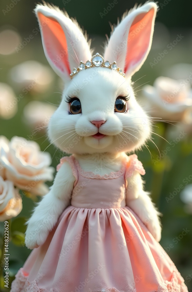 Obraz premium White antropomorphic bunny girl in the pink dress and tiara on the head, blooming roses on the background