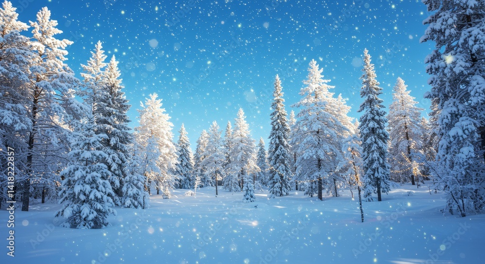 Winter Wonderland Snow Covered Trees - Serene winter scene, snow-laden trees, twinkling lights, magical atmosphere, holiday spirit. Symbolizing peace, tranquility, joy, wonder, and celebration Winter Wonderland Snow Covered Trees - Serene winter scene, snow-laden trees, twinkling lights, magical atmosphere, holiday spirit. Symbolizing peace, tranquility, joy, wonder, and celebration