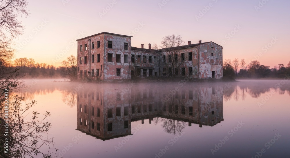 Fototapeta premium Abandoned Mansion at Dawn - A serene of an abandoned mansion reflected in a calm lake at sunrise. Misty atmosphere adds to the mystery
