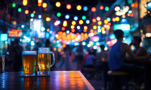 Vibrant Nightlife Scene with Beer Glasses, Colorful Lanterns, and Blurred Background of People Enjoying Evening Atmosphere.