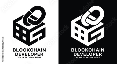 Bold black logo featuring a chain and block icon designed for blockchain developers crypto platforms and secure tech innovation companies