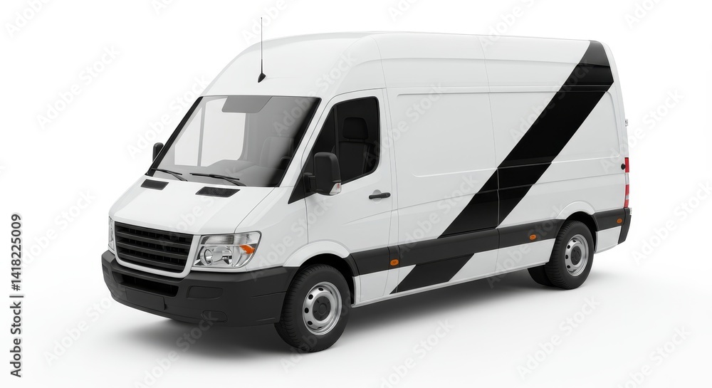 White Delivery Van with Black Stripe - Clean of a white delivery van featuring a bold black diagonal stripe, isolated on a white background. Ideal for transportation, logistics