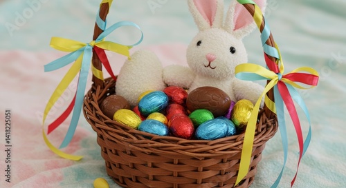 Wicker Easter Basket with Chocolate Eggs and Bunny - Springtime joy, chocolate treats, Easter bunny, family celebration, springtime fun