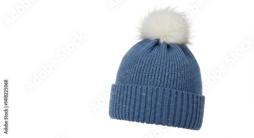 Obraz na płótnie Winter Knit Beanie with Pom Pom - Stylish blue knit beanie with a fluffy white pompom. Perfect for cold weather w salonie