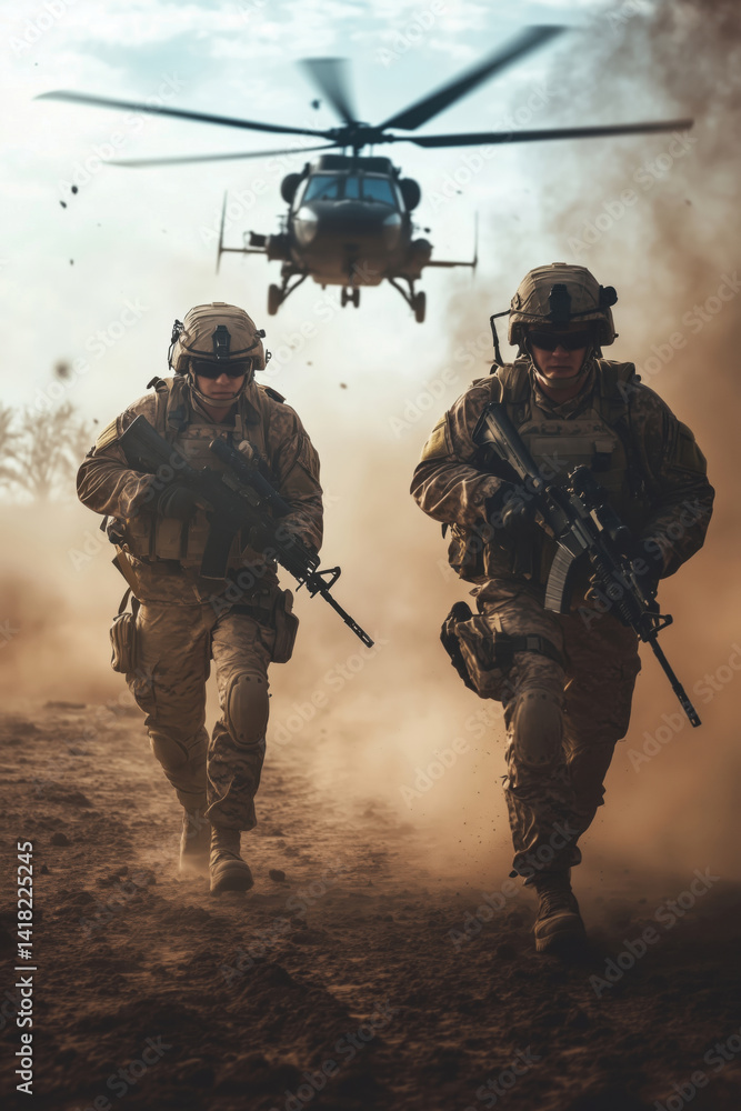 Military soldiers running under helicopter in dusty environment, tactical gear, intense action scene, teamwork, combat readiness. Military soldiers running under helicopter in dusty environment, tactical gear, intense action scene, teamwork, combat readiness.