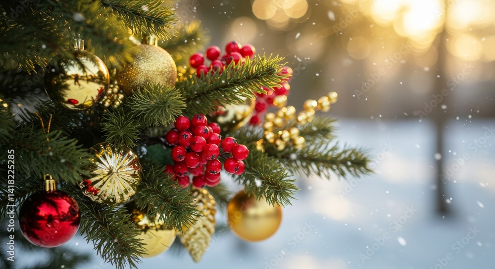 Winter Wonderland Christmas Tree Branch - Close-up of a decorated Christmas tree branch with red berries, gold ornaments, and falling snow. Festive winter scene