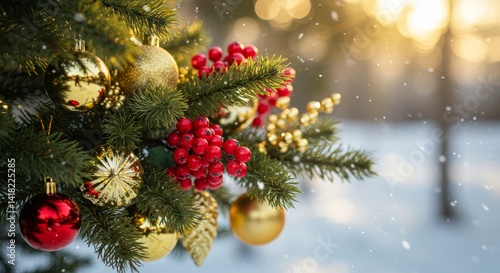 Obraz na płótnie Winter Wonderland Christmas Tree Branch - Close-up of a decorated Christmas tree branch with red berries, gold ornaments, and falling snow. Festive winter scene w salonie
